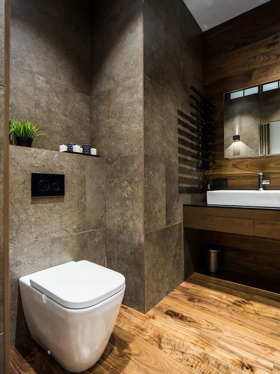 Thiết kế nội thất phòng tắm căn hộ sử dụng chất liệu đá và gỗ