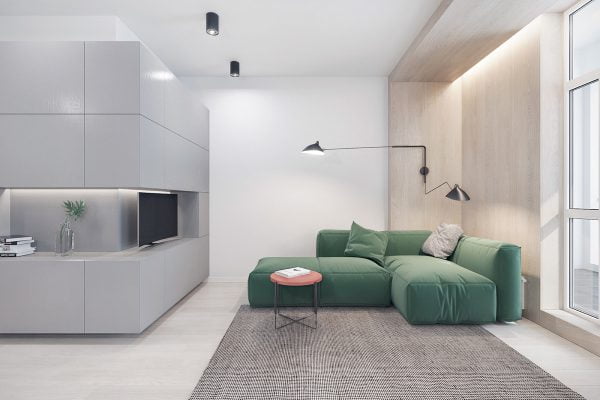 thiết kế nội thất phòng khách đơn giản với sofa xanh