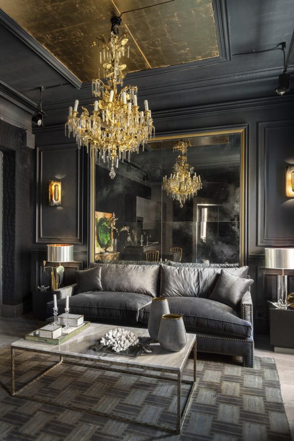 Thiết kế nội thất phòng khách phong cách cổ điển màu xám